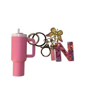 Pink Glitter N  Pink Sports Cup w Straw With Trinkets Key Chain Sports Mama NEW